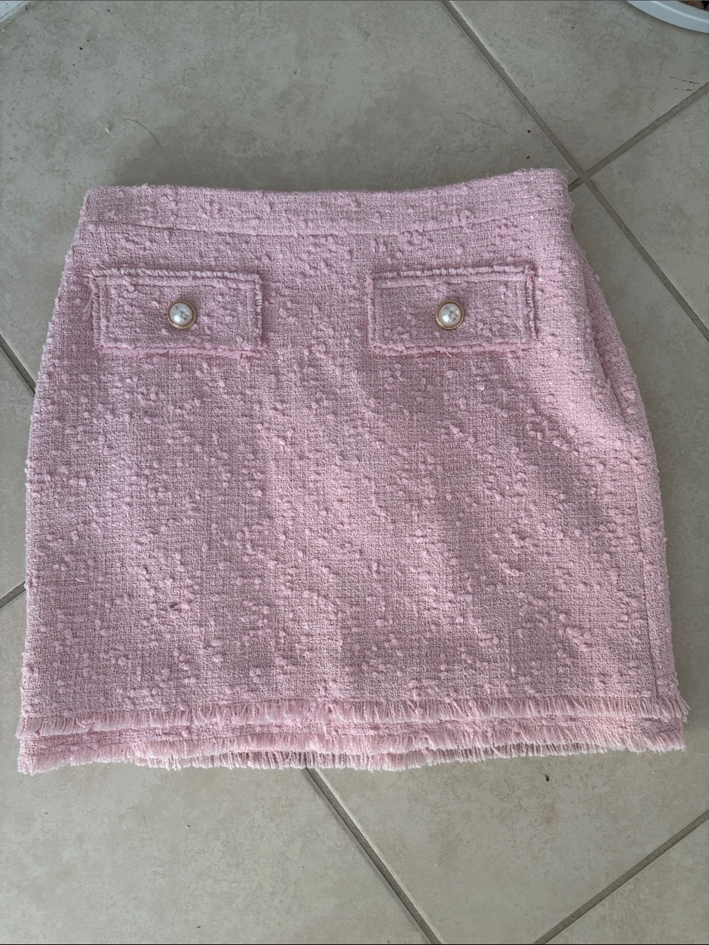 Generation love Pink Bouclé Mini Skirt with Pearl-Accent Pockets